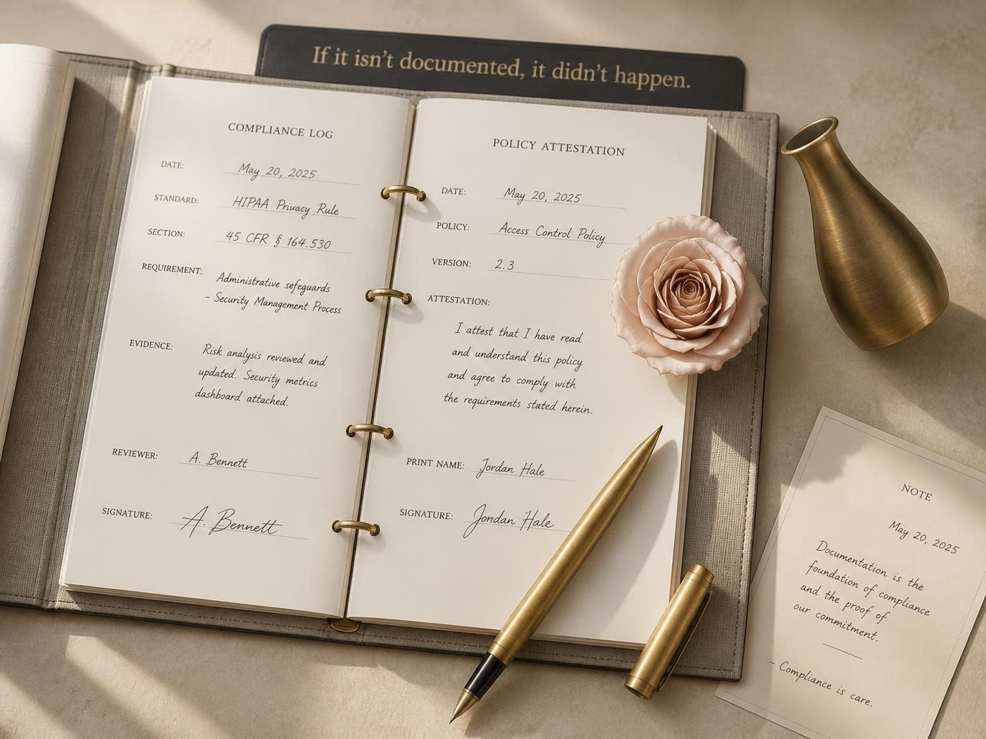 An open compliance log and signed policy attestation with a gold pen and a blush rose