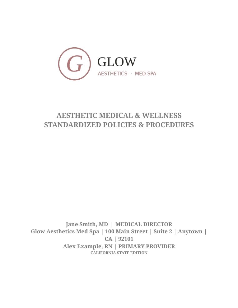 Sample manual cover for Glow Aesthetics Med Spa with logo, medical director and provider