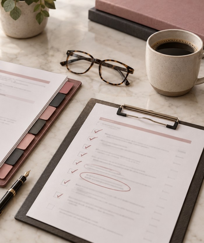 Compliance Readiness Checklist and Tabbed Policy Binder on a Practice Desk